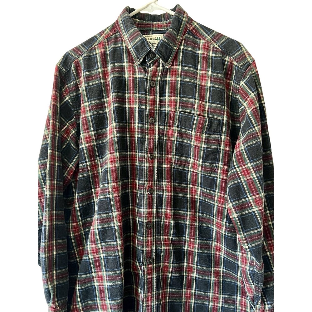 LL Bean Mens Plaid Flannel Shirt Large Regular Black Red Green Cotton 228061‎